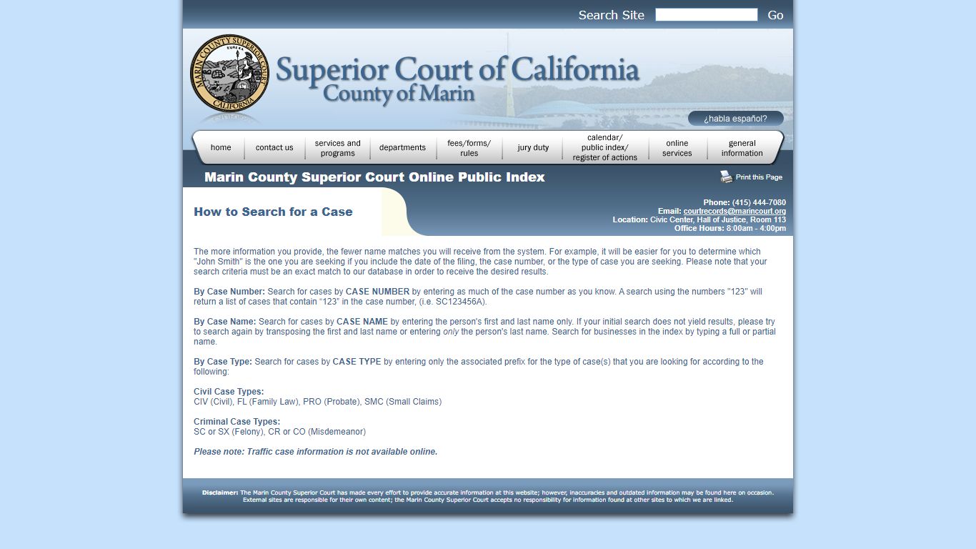 Marin County Superior Court - Public Case Index